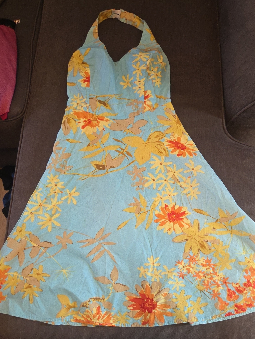 Light Blue Floral Halter Dress with Yellow Accents